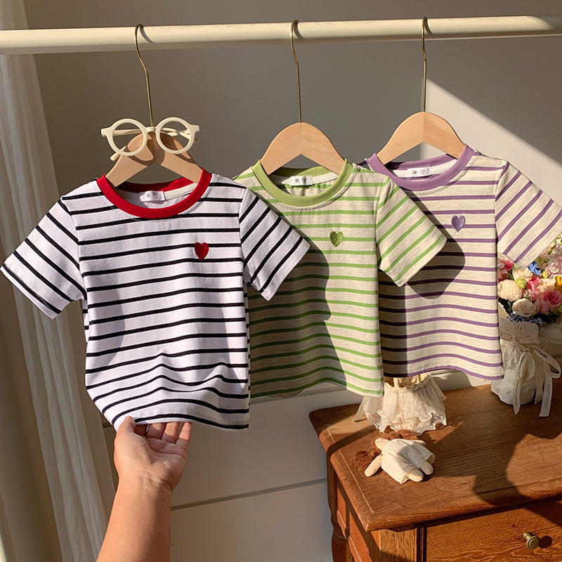 【90-150】ボーダー柄ワンポイントハートTシャツ