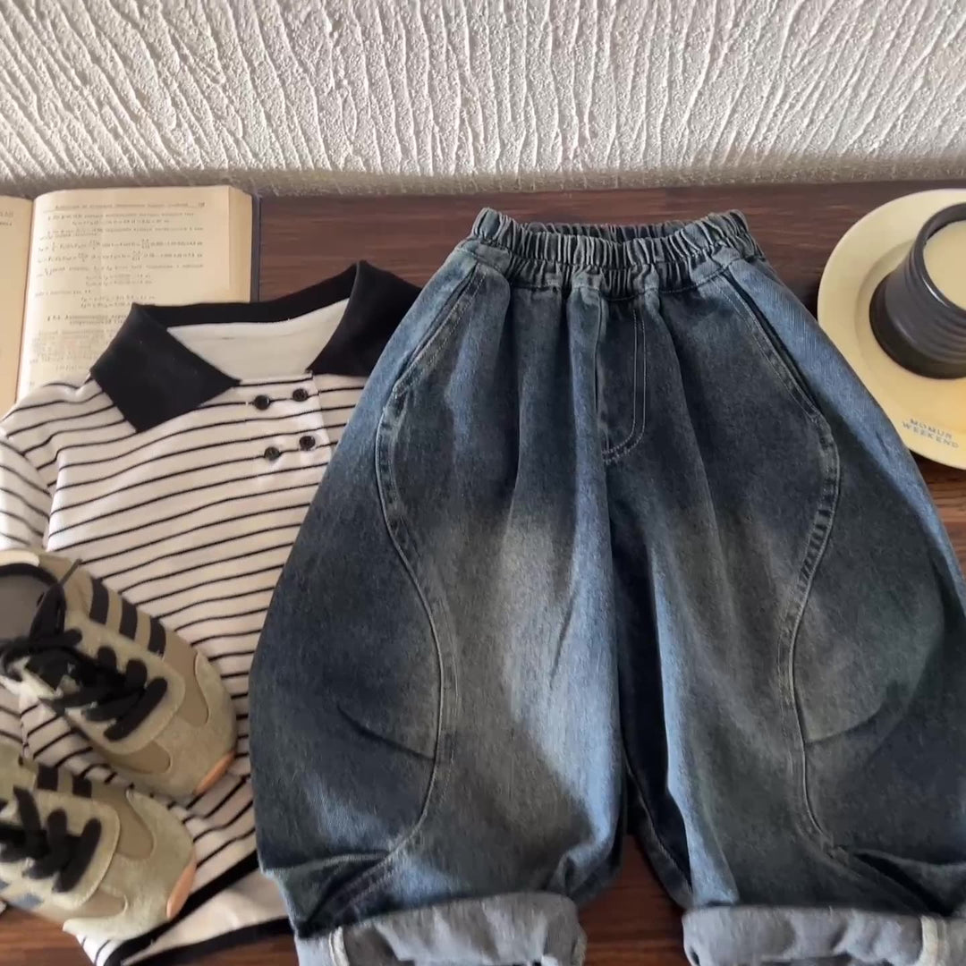 【90-140】ラインデザインボールデニムパンツ