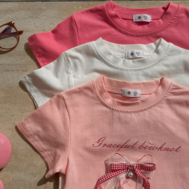 【90-150】レース＆チェック柄リボンTシャツ