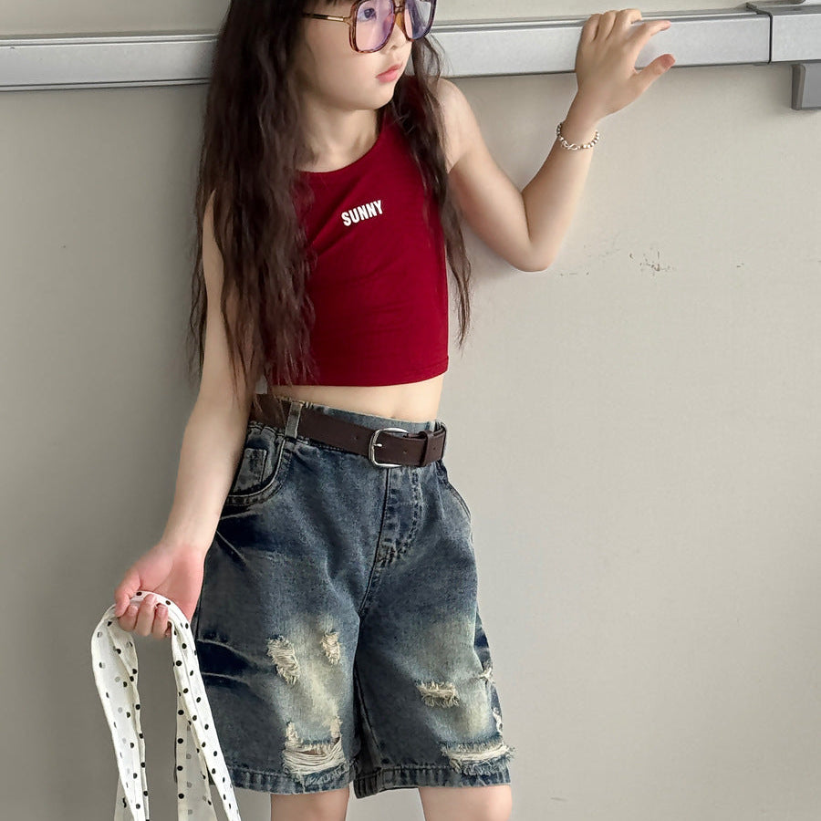 【100-150】ダメージ加工風ベルト付きハーフデニムパンツ