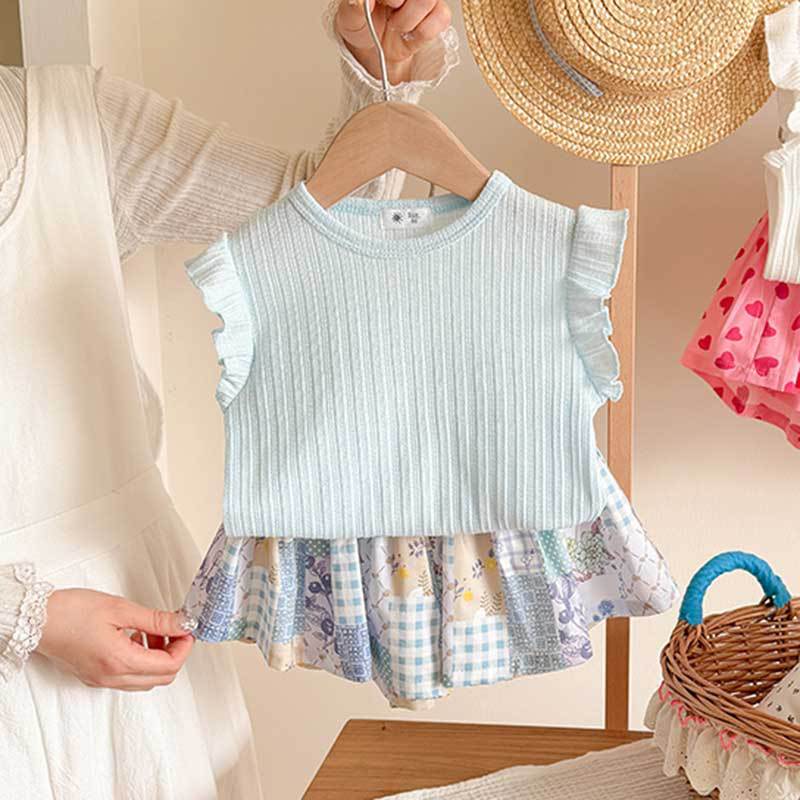 【90-140】ノースリトップス×総柄ショートパンツセット