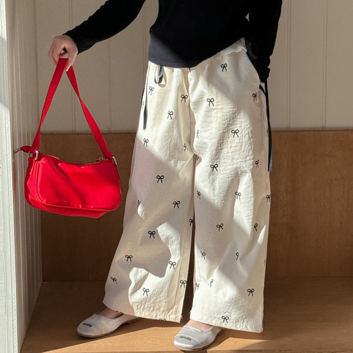 【90-150】ウエストレース総柄ワイドパンツ