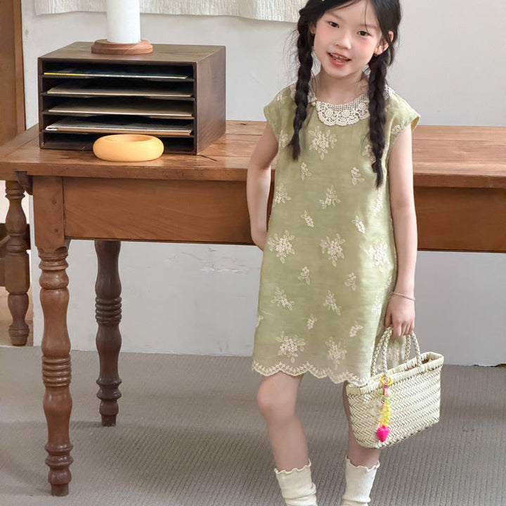 【100-150】レースカラー花柄刺繍ワンピース
