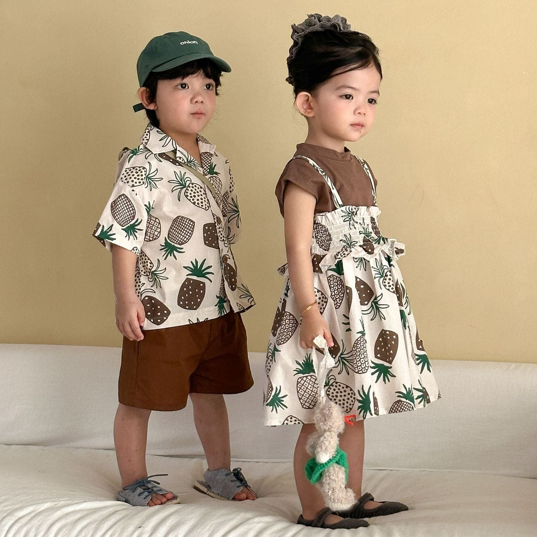 【80-150】パイナップル柄シャツ×ハーフパンツセット