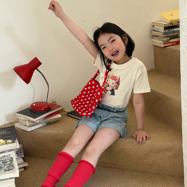 【120-150】ウエストギャザーラインストーンデニムショートパンツ