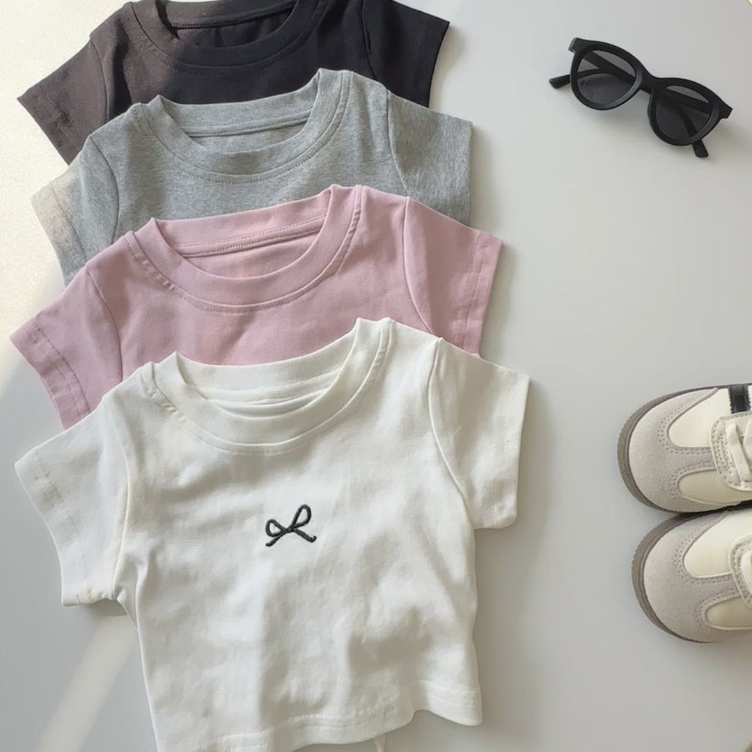 【90-140】フロントリボンバックオープンTシャツ