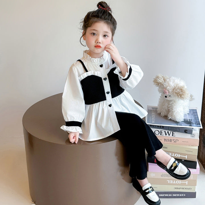 【90-140】レイヤード風シャツ×フレアパンツセット