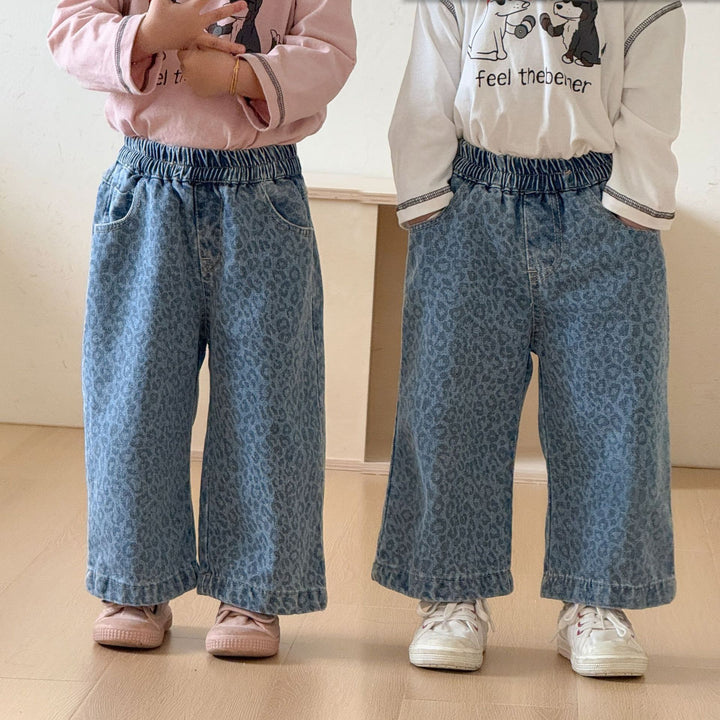 【80-150】レオパード柄ロングデニムパンツ