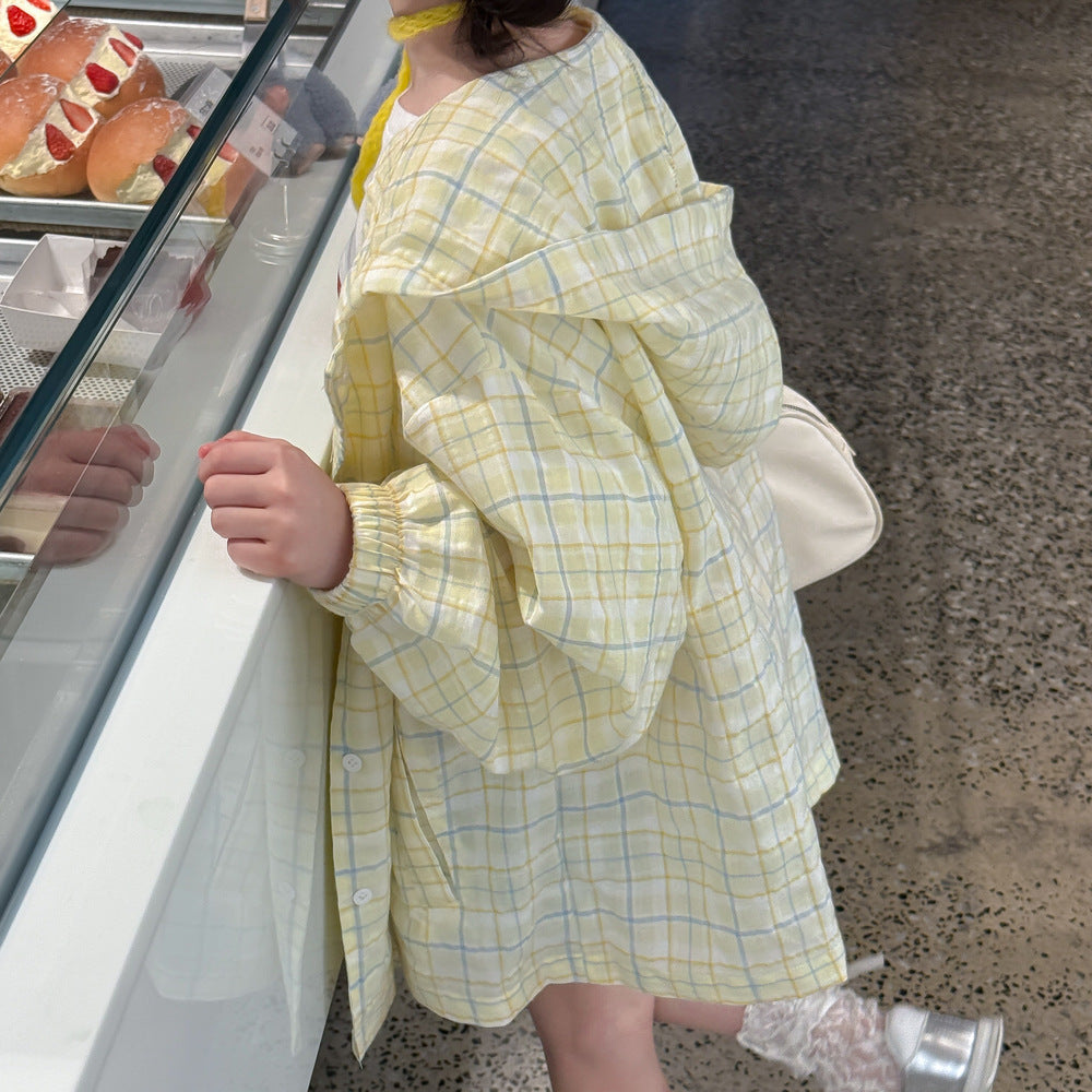 【90-150】チェック柄フーディーシャツ