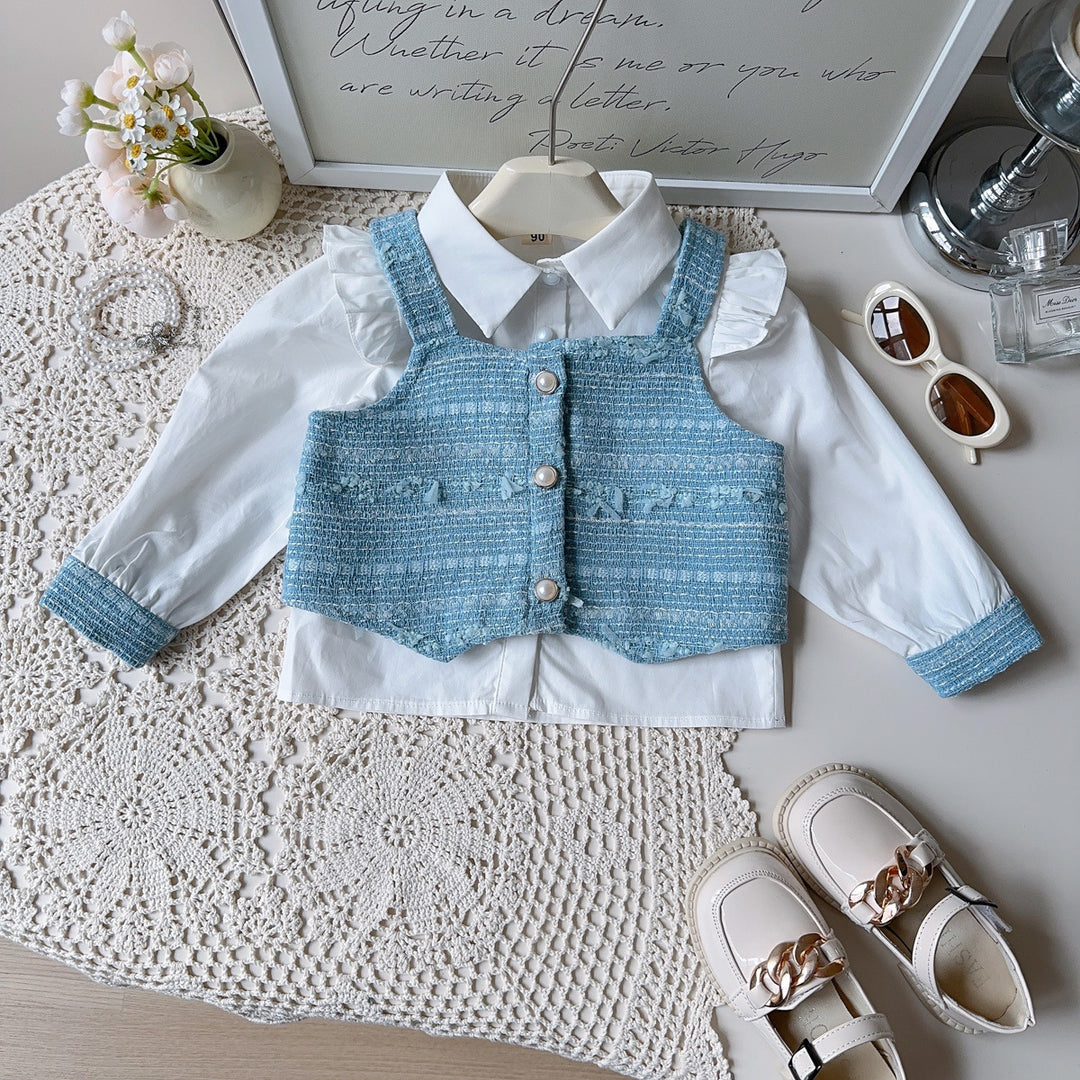 【90-140】肩フリルブラウス×ベスト×プリーツスカートセット