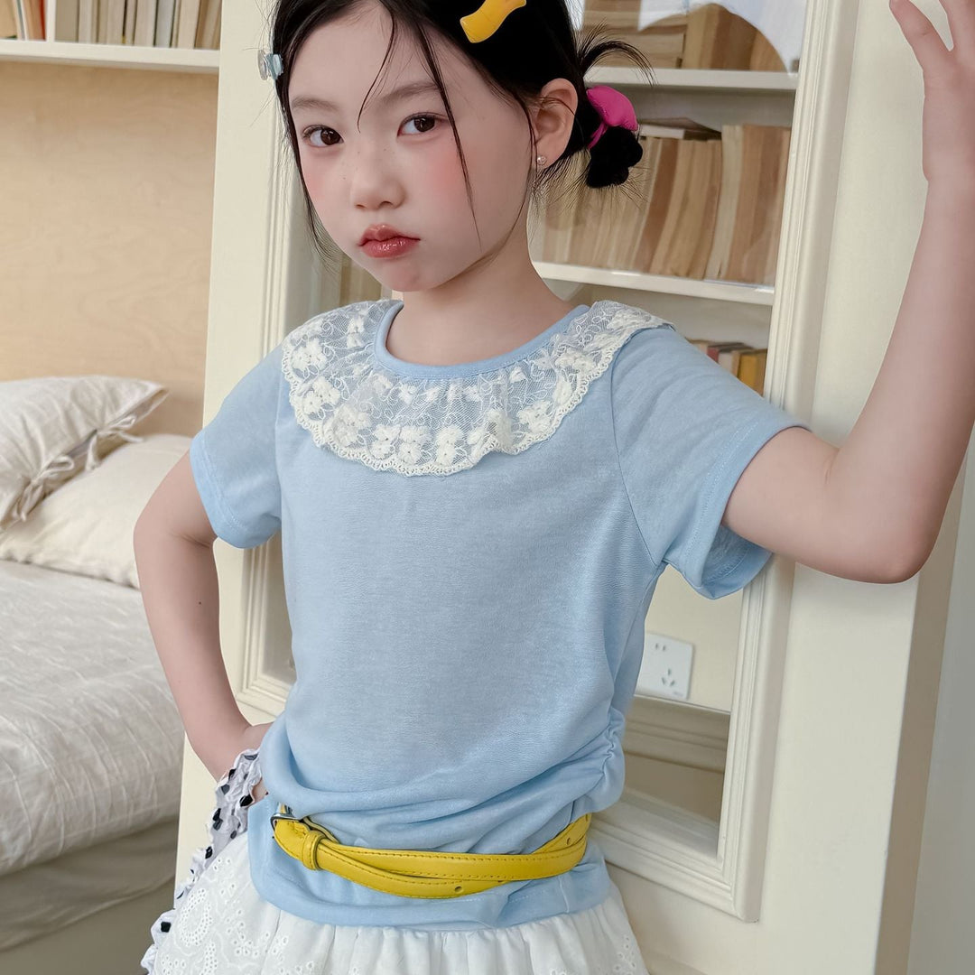 【100-150】レースラッフルカラーTシャツ