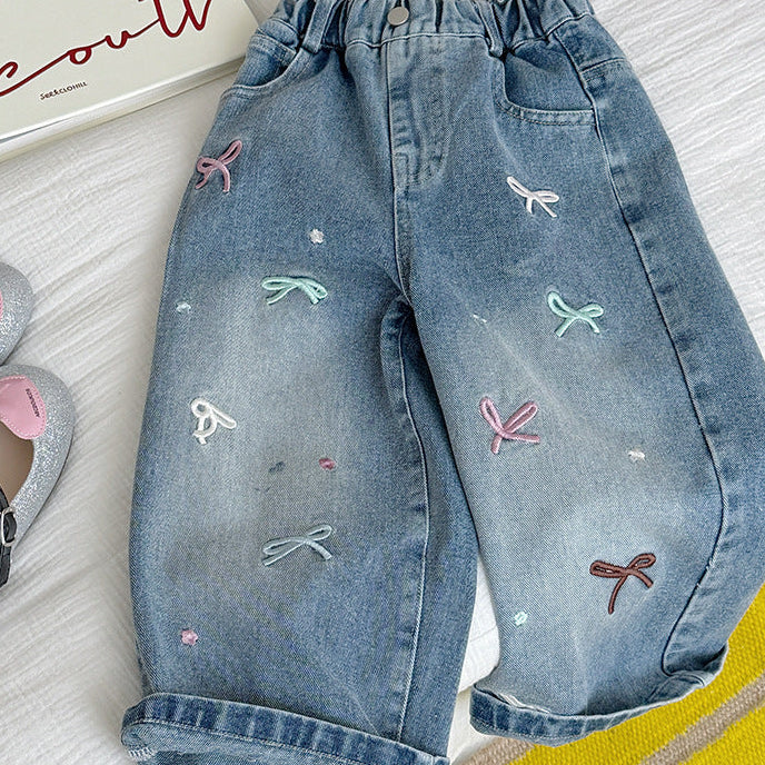 【90-150】リボン刺繍デザインジーンズ