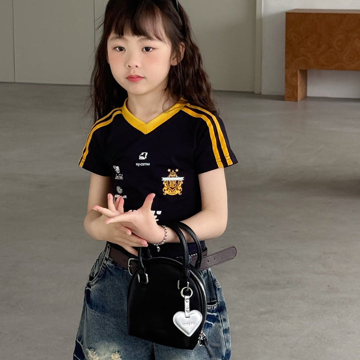 【100-150】ユニフォーム風VネックTシャツ