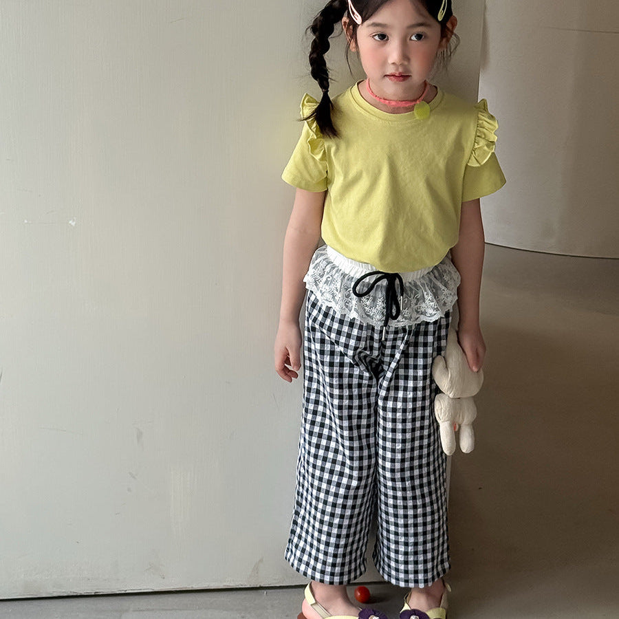 【90-150】ウエストレースギンガムチェックパンツ