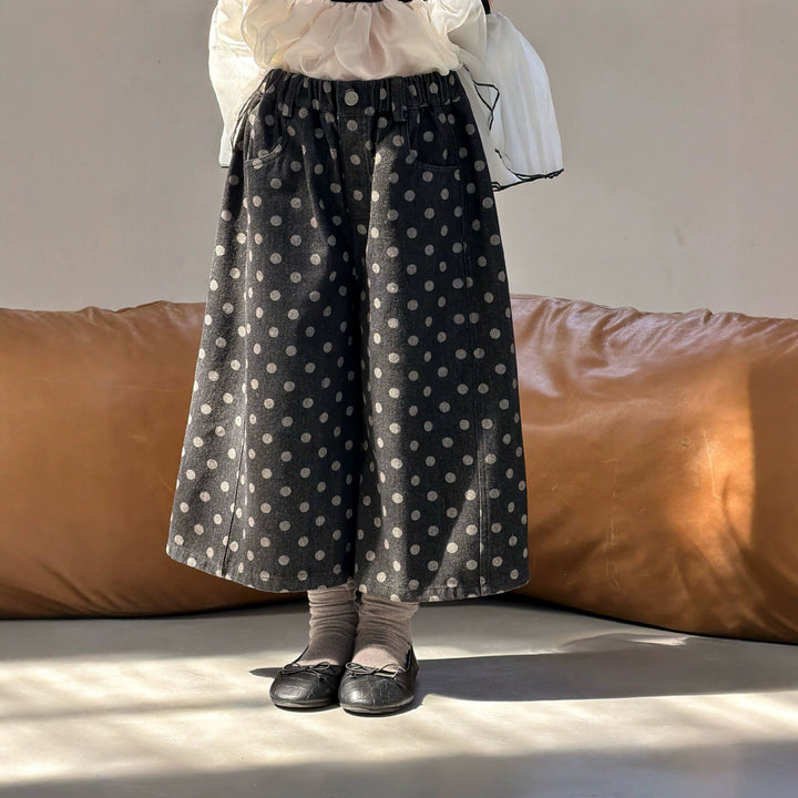 【90-140】ドット柄ワイドクロップドパンツ