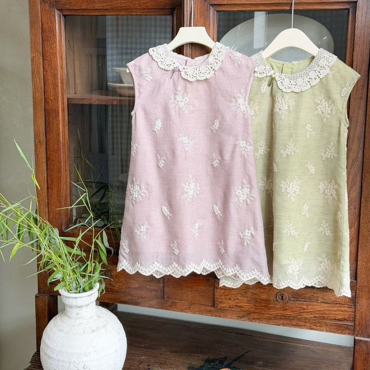 【100-150】レースカラー花柄刺繍ワンピース