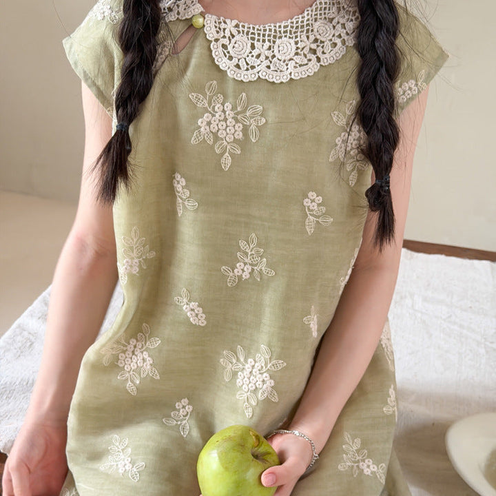 【100-150】レースカラー花柄刺繍ワンピース