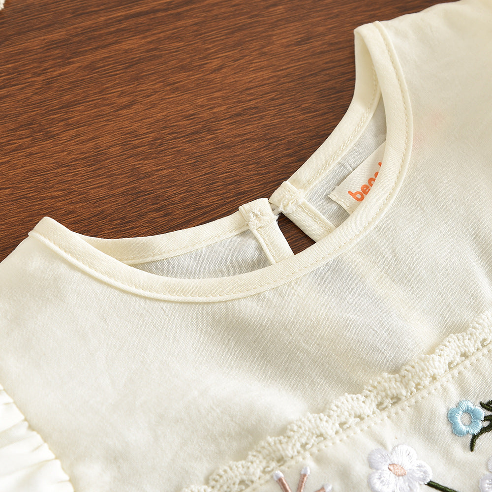 【100-140】フラワー刺繍ノースリトップス×ロングパンツセット