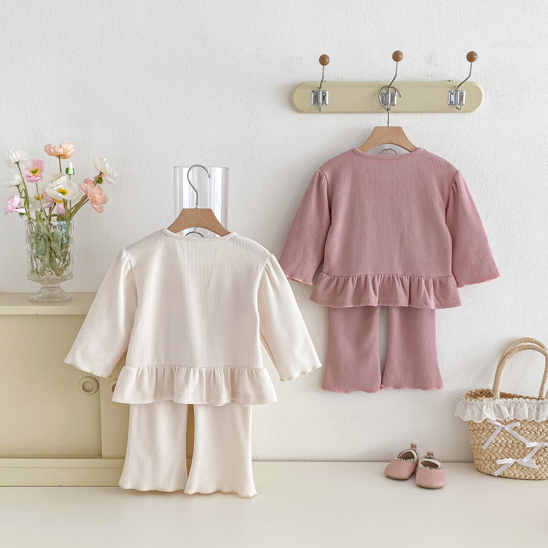 【80-130】フリルヘムカーデ×ロングパンツセット