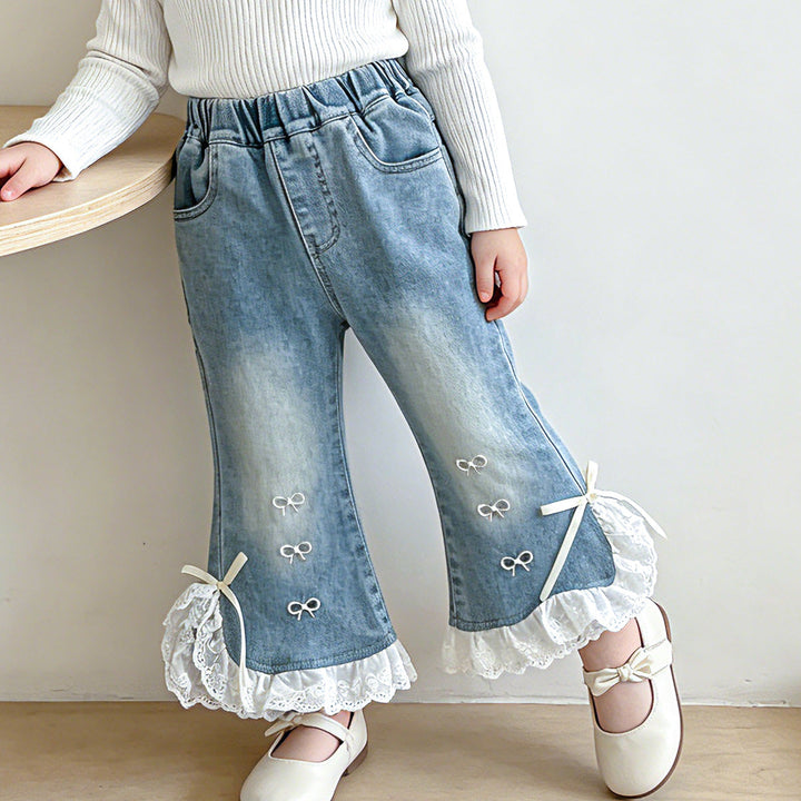 【80-120】レースヘムリボンデザインデニムパンツ