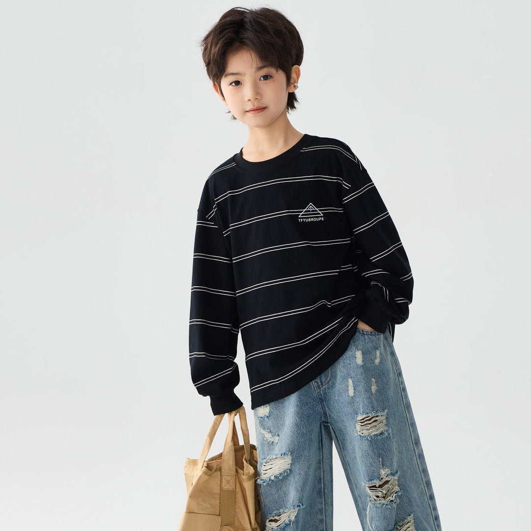 【100-150】ボーダーデザインロングTシャツ