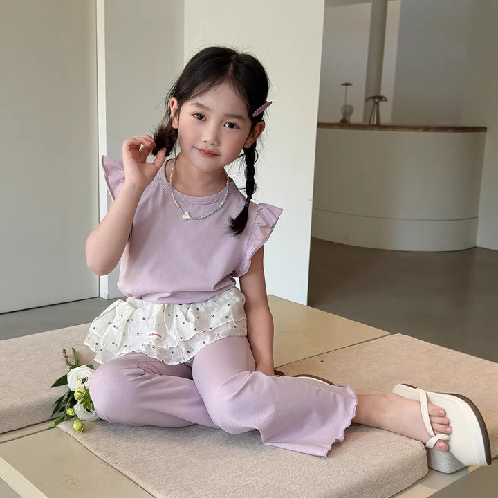 【90-140】ショルダーフリルノースリーブ×フレアパンツセット