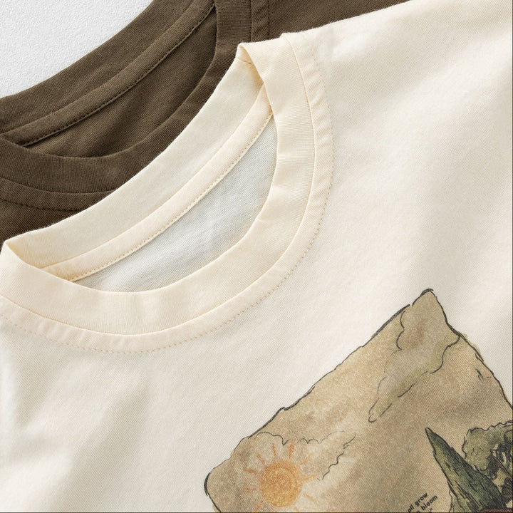 【90-130】アートプリントショート丈Tシャツ