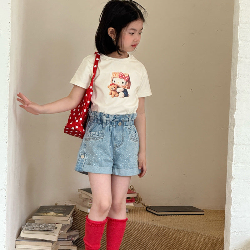 【120-150】ウエストギャザーラインストーンデニムショートパンツ