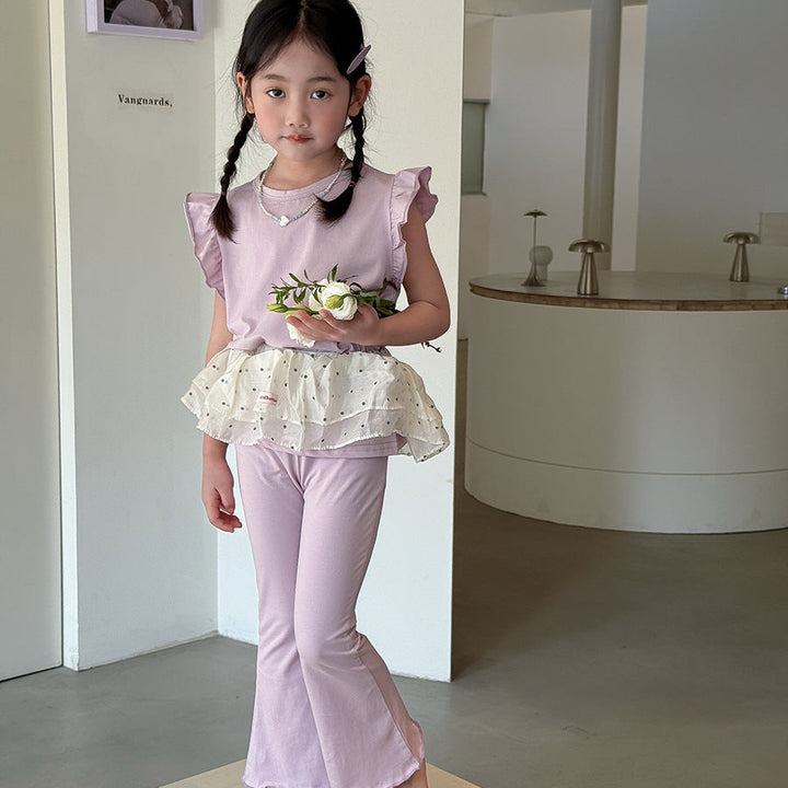 【90-140】ショルダーフリルノースリーブ×フレアパンツセット