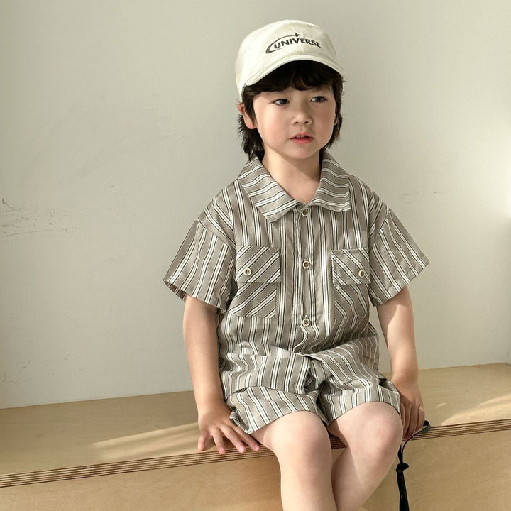 【80-150】ストライプ半袖シャツ×ハーフパンツセット