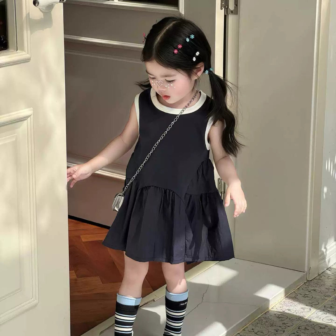 【90-140】デザイン切替バイカラーノースリワンピース