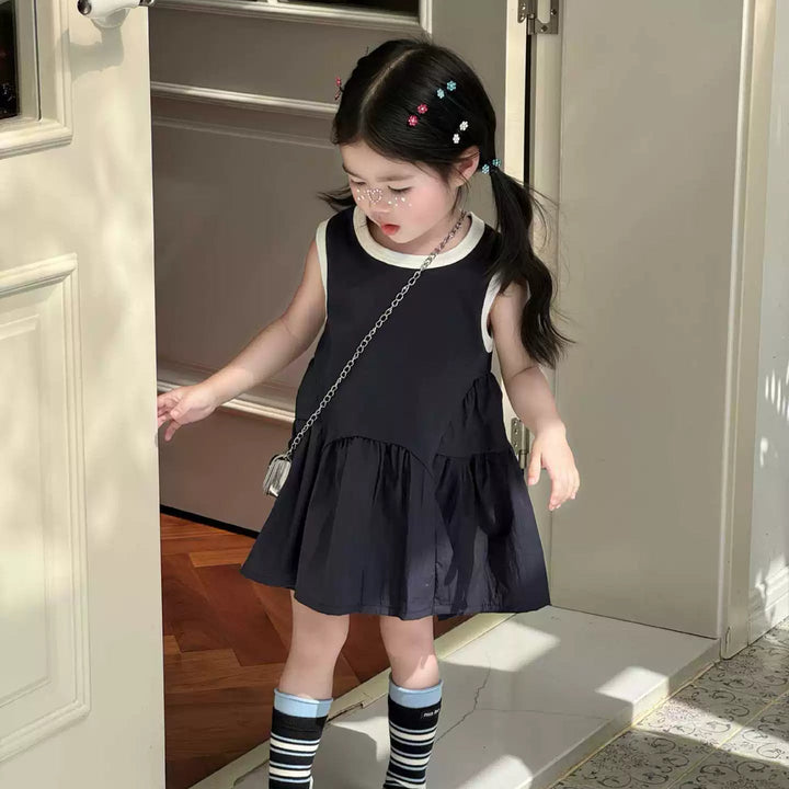 【90-140】デザイン切替バイカラーノースリワンピース