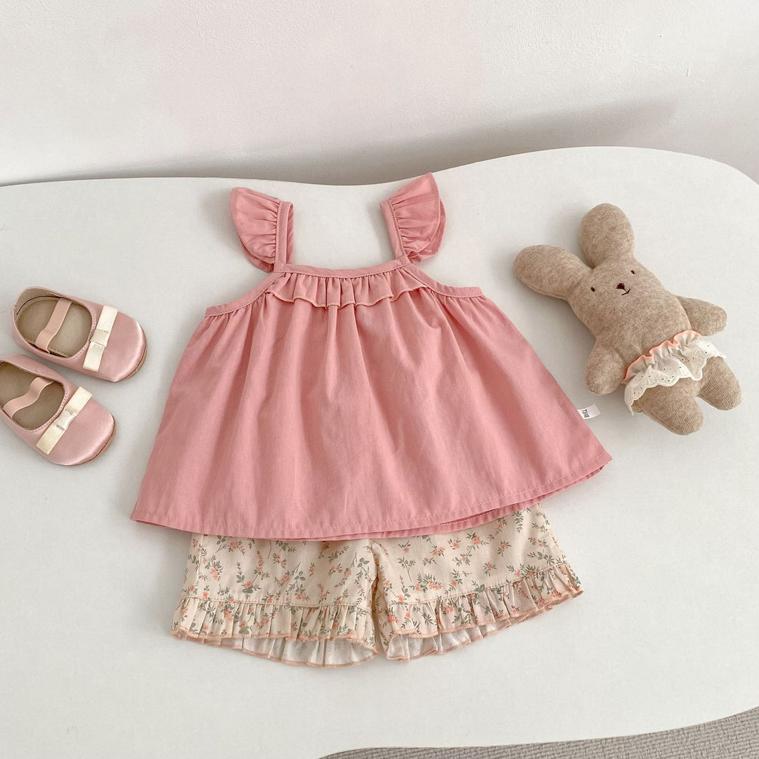 【73-110】フリルキャミソール×小花柄ショートパンツセット
