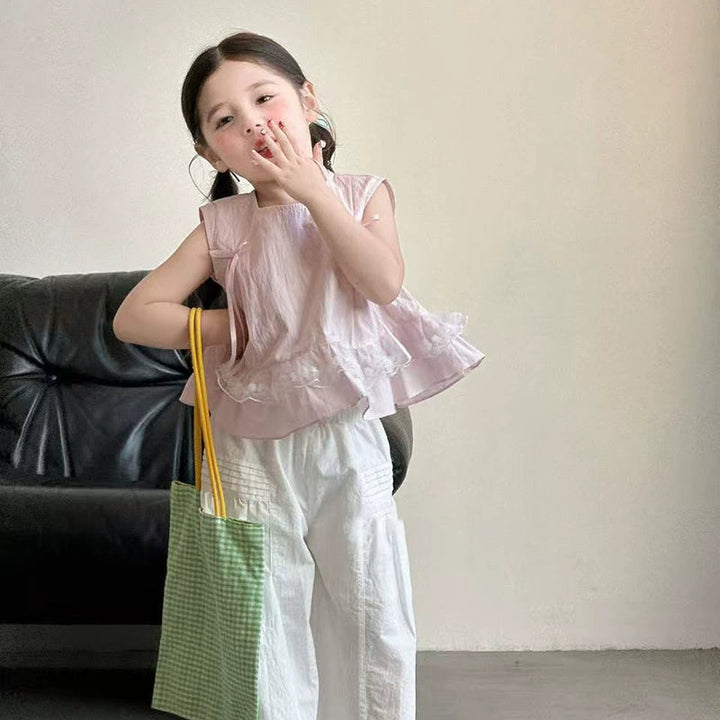 【90-140】レース＆リボンデザインノースリーブシャツ