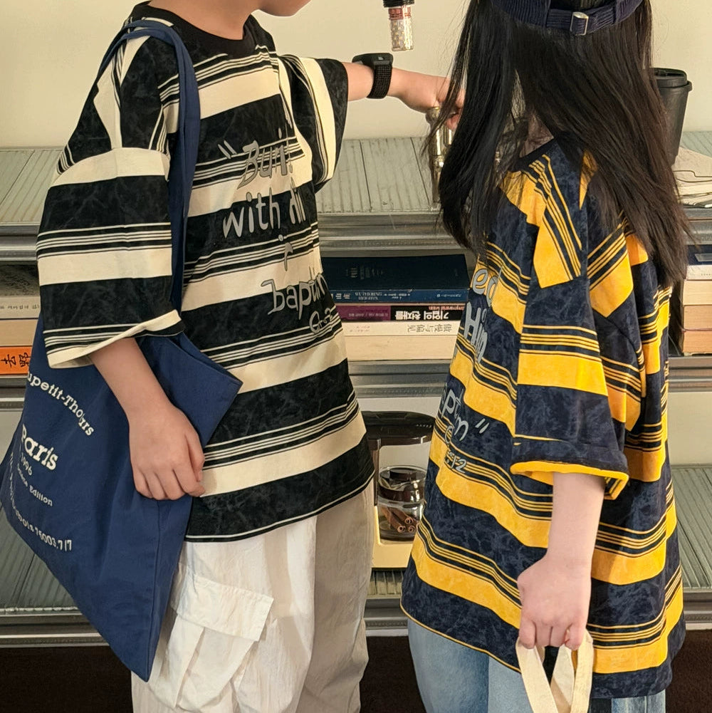 【100-150】英字ロゴデザインボーダー柄Tシャツ