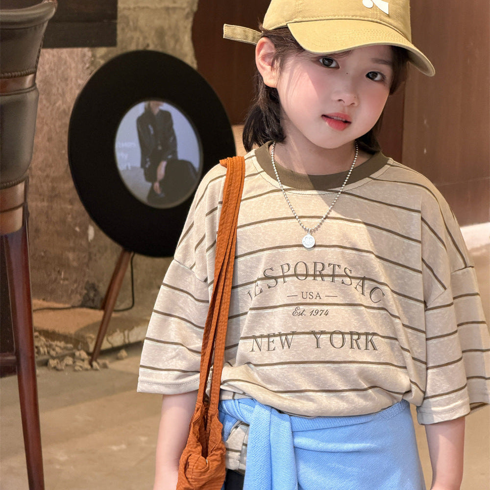【90-150】レタープリントボーダー柄Tシャツ