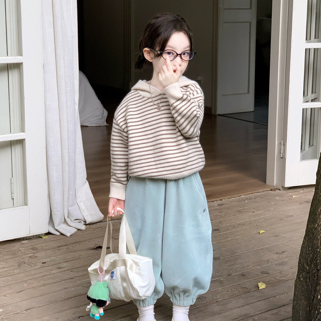 【90-140】ボーダー柄フーディーニット