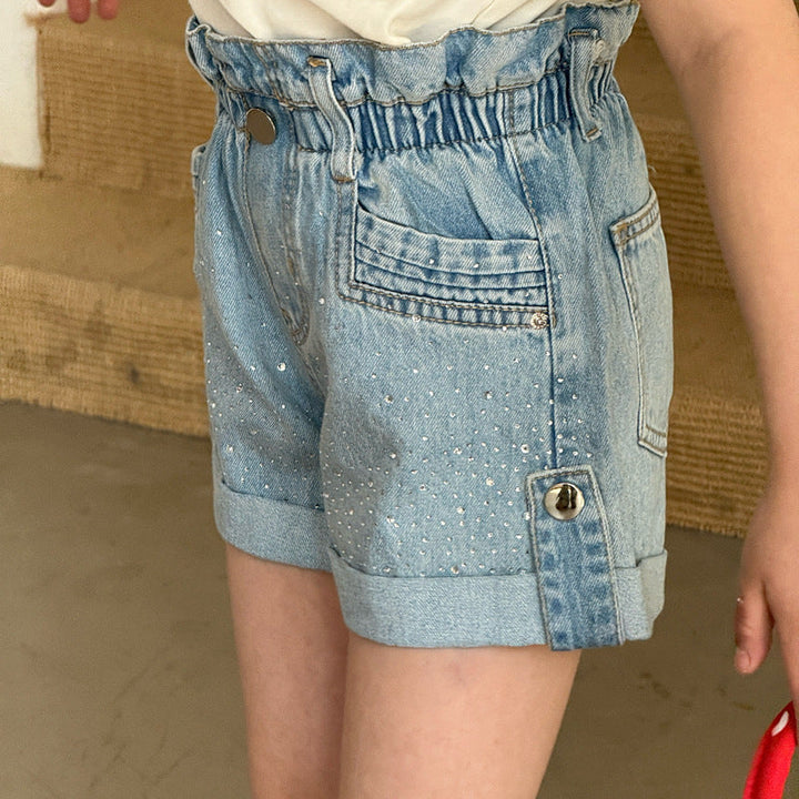 【120-150】ウエストギャザーラインストーンデニムショートパンツ