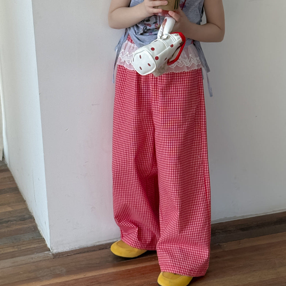 【90-150】ウエストレースギンガムチェックロングパンツ