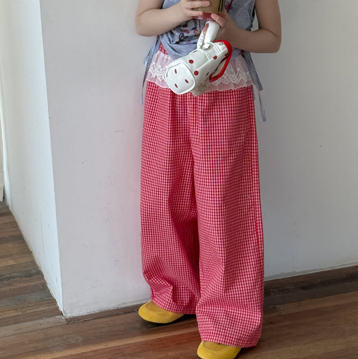 【90-150】ウエストレースギンガムチェックロングパンツ