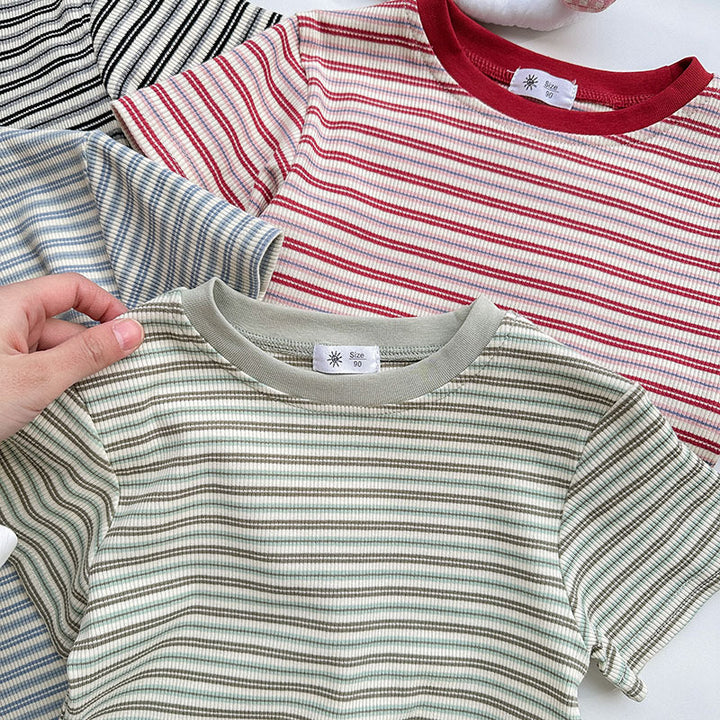 【90-140】マルチカラーシンプルボーダーTシャツ