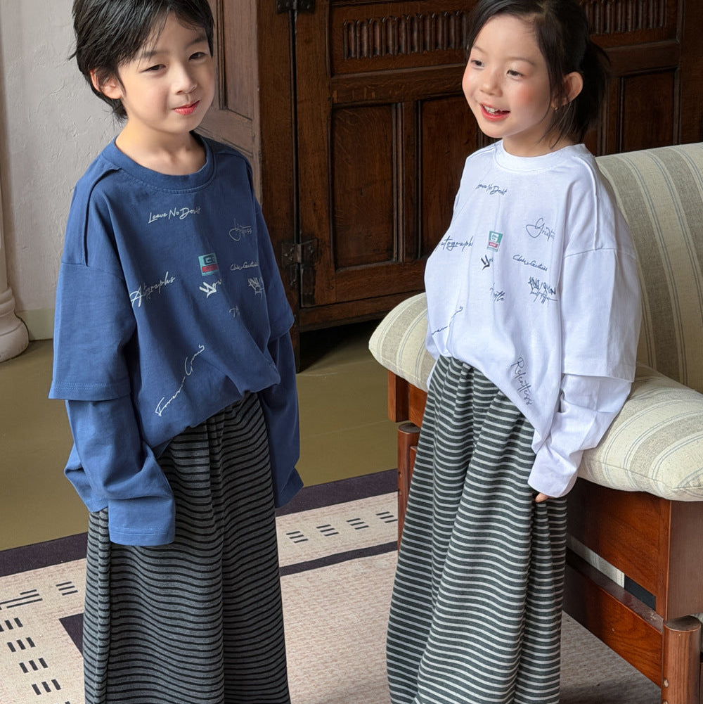 【100-150】レイヤード風ロゴデザイン長袖Tシャツ