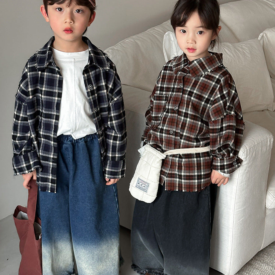 【80-140】カラーデザインチェック柄シャツ