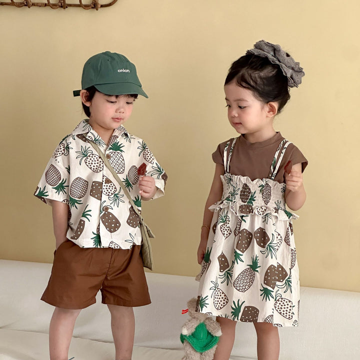 【80-150】パイナップル柄シャツ×ハーフパンツセット