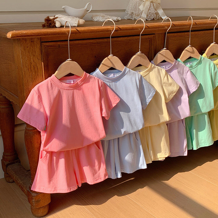 【90-150】シンプルカラーTシャツ×ハーフパンツセット