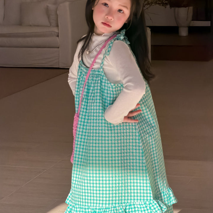 【100-150】チェック柄フリルデザインワンピース