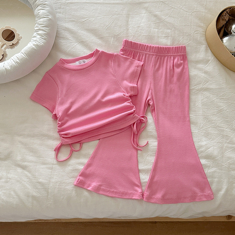 【90-140】ウエストシャーリングTシャツ×フレアパンツセット