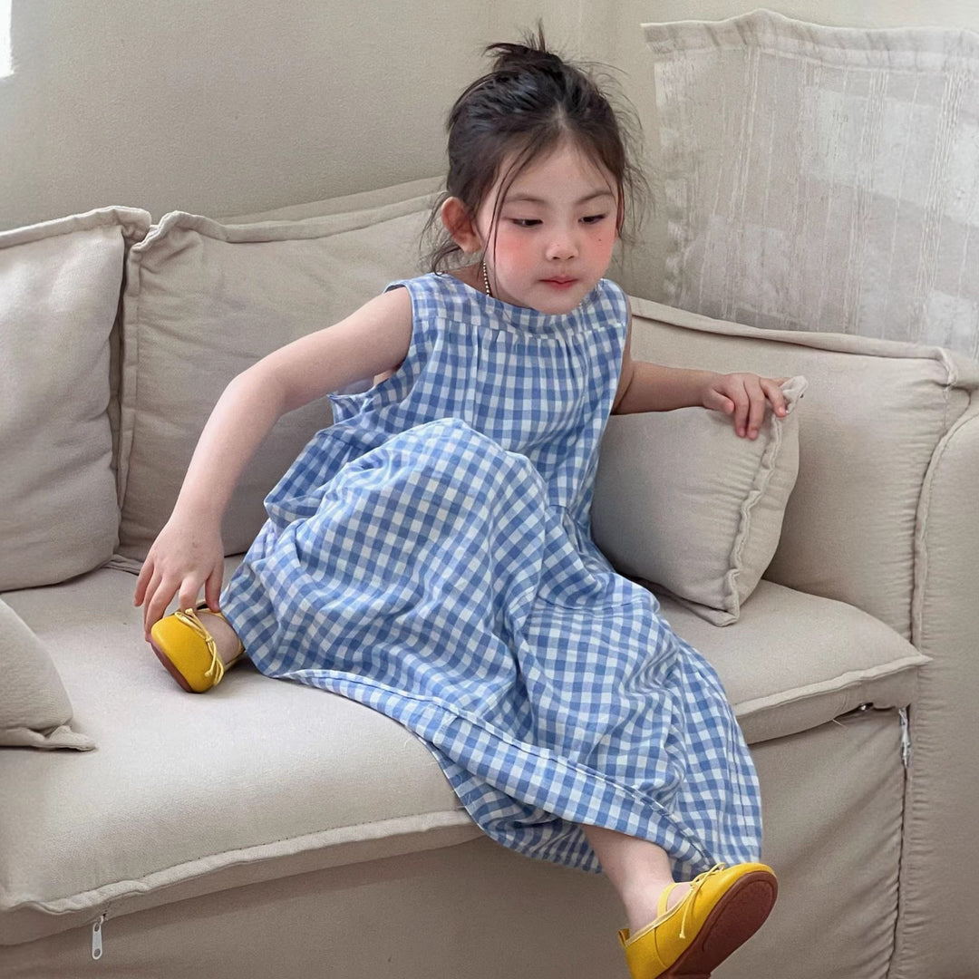 【90-150】ギンガムチェックマキシ丈ワンピース