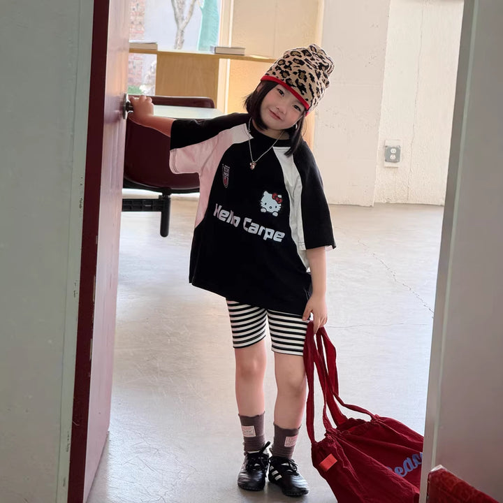 【120-150】ボーダー柄シンプルハーフレギンスパンツ