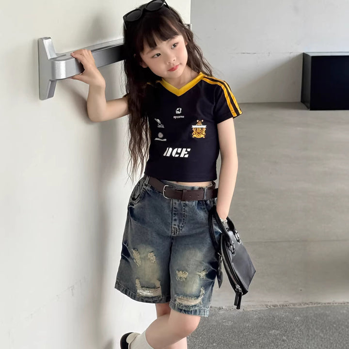 【100-150】ユニフォーム風VネックTシャツ